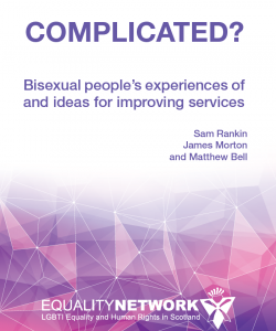 a purple and white abstract image with the words "complicated? bisexual people's experiences and ideas for improving services"