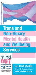 blue, pink and white cover of a the MindOut Trans and Non-binary mental health services leaflet