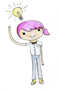 a drawing of a young person with pink hair, smiling, with a lightbulb over their head