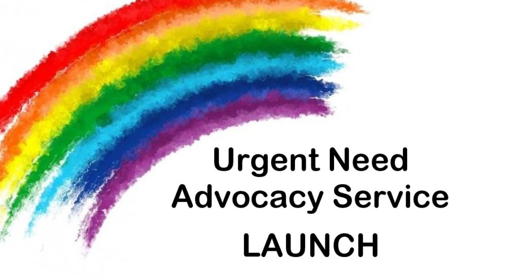 urgent need advocacy launch logo with a watercolour rainbow
