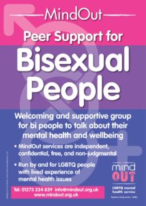 purple and pink poster advertising peer support group for bisexual people