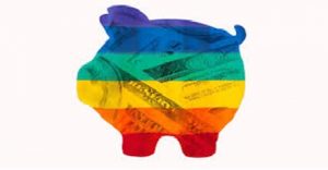 a piggy bank in rainbow colours