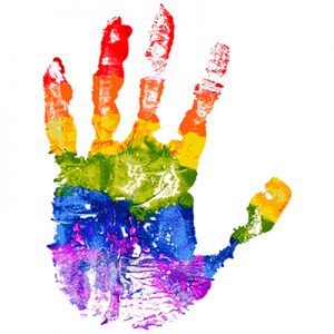 A handprint in rainbow paint colours