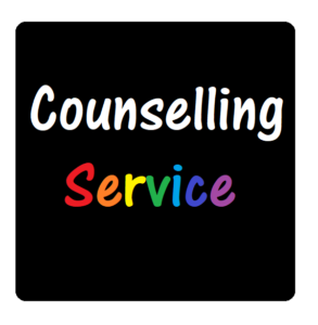 black square with counselling service written in rainbow writing