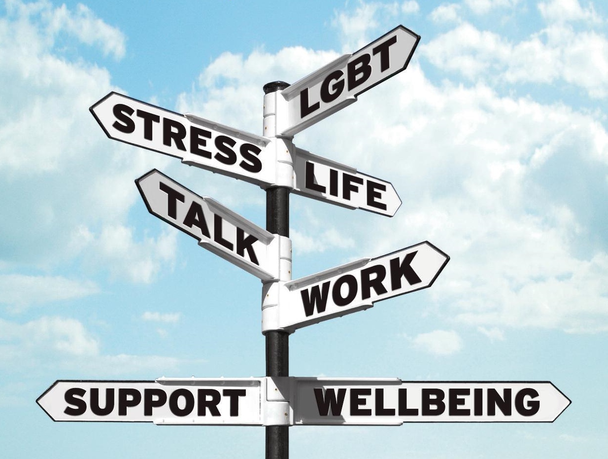 a black and white signpost with signs for lgbt, work, wellbeing, stress and support