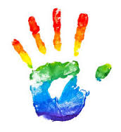 a painty handprint in rainbow colours