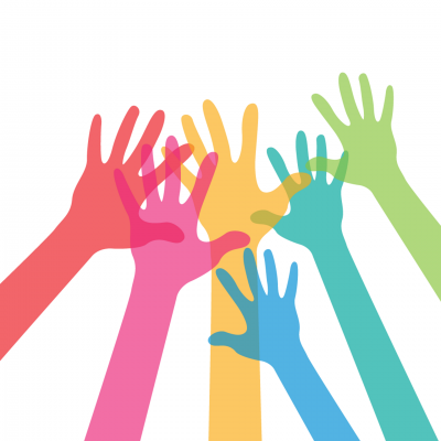 a drawing of raised colourful hands leaning together