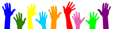 a drawing of a row of raised colourful hands