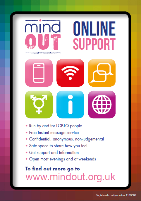 Mind Out Online Support featuring six small different colour images representing technology and information as well as a transgender symbol
