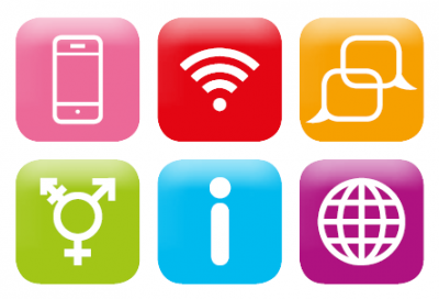 multi coloured logos phone wifi chat bubbles transgender symbol information and web