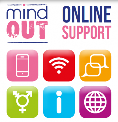 Mind Out Online Support featuring six small different colour images representing technology and information as well as a transgender symbol