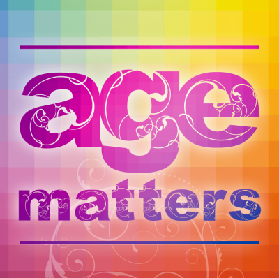 the words age matters in pink with a rainbow grid pattern background and white floral pattern over the throughout