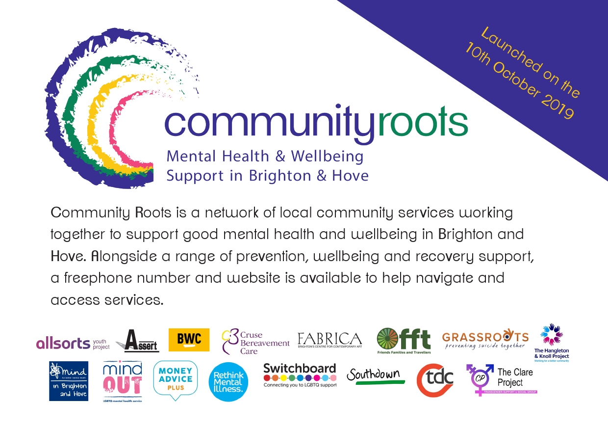 community roots postcard of info including logos
