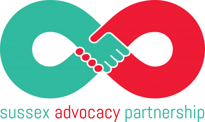 sussex advocacy partnership logo one red hand one green hand shaking in the shape of an infinity symbol