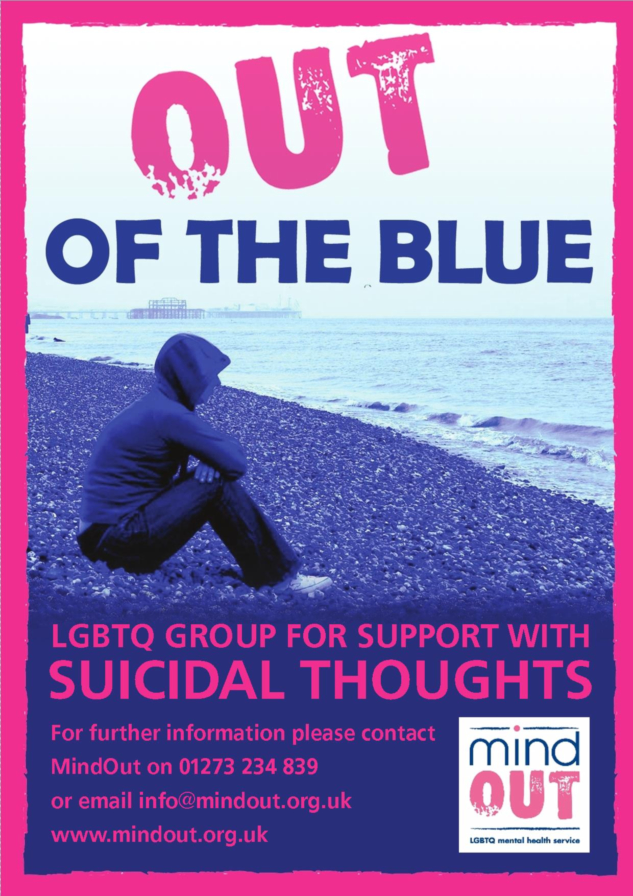 out of the blue poster showing person with hoodie on sitting on pebbles looking out to see