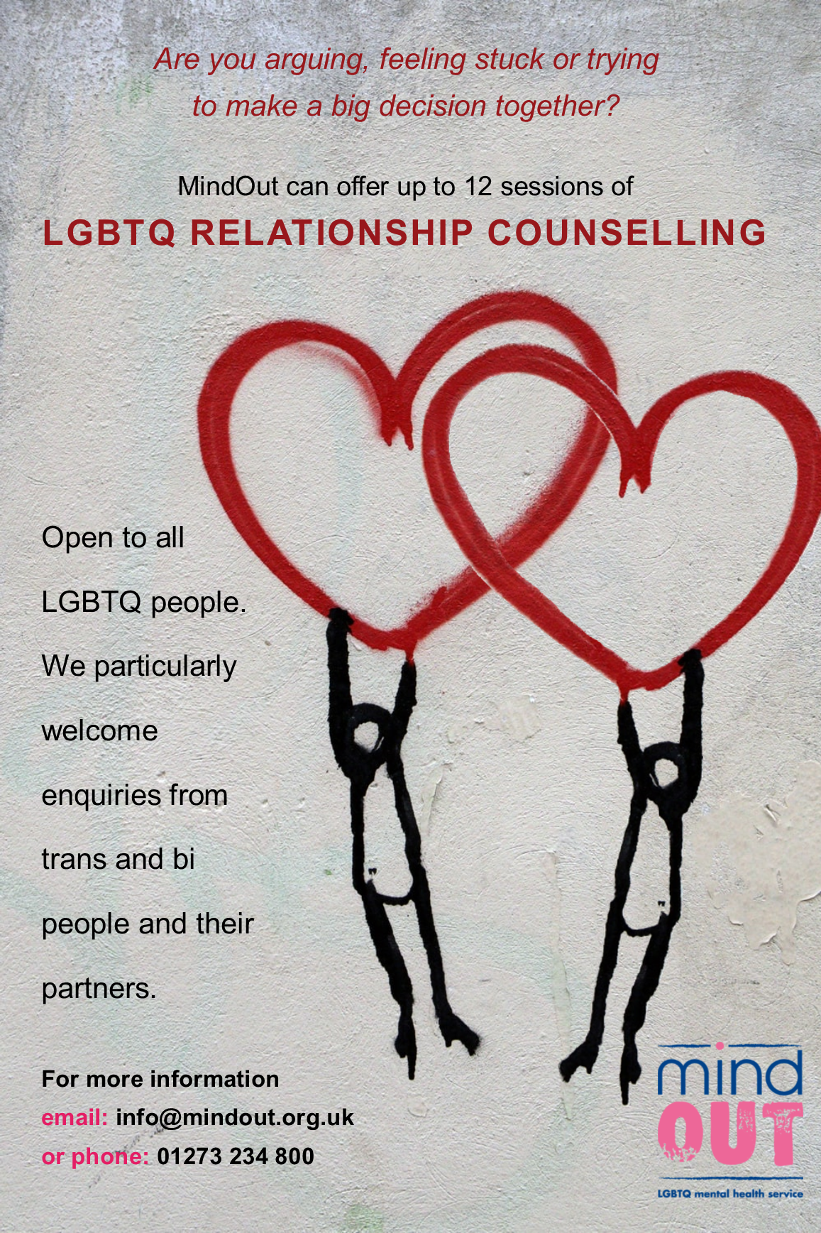 lgbtq relationship counselling flyer - features two stick figures holding onto one red love heart each. the hearts are overlapping and the stick figures are facing away from each other.