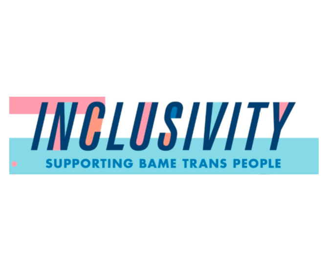 the word inclusivity written in capital blue letters with supporting bame trans people written below it
