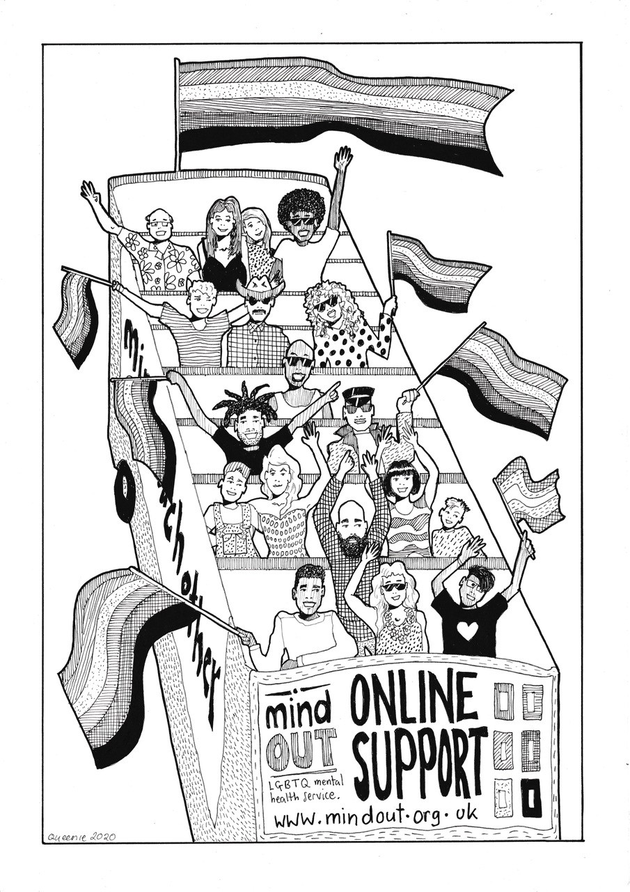 illustration of MindOut bus full of a diverse group of people waving flags. illustration is monochrome. designed by Queen Josephine