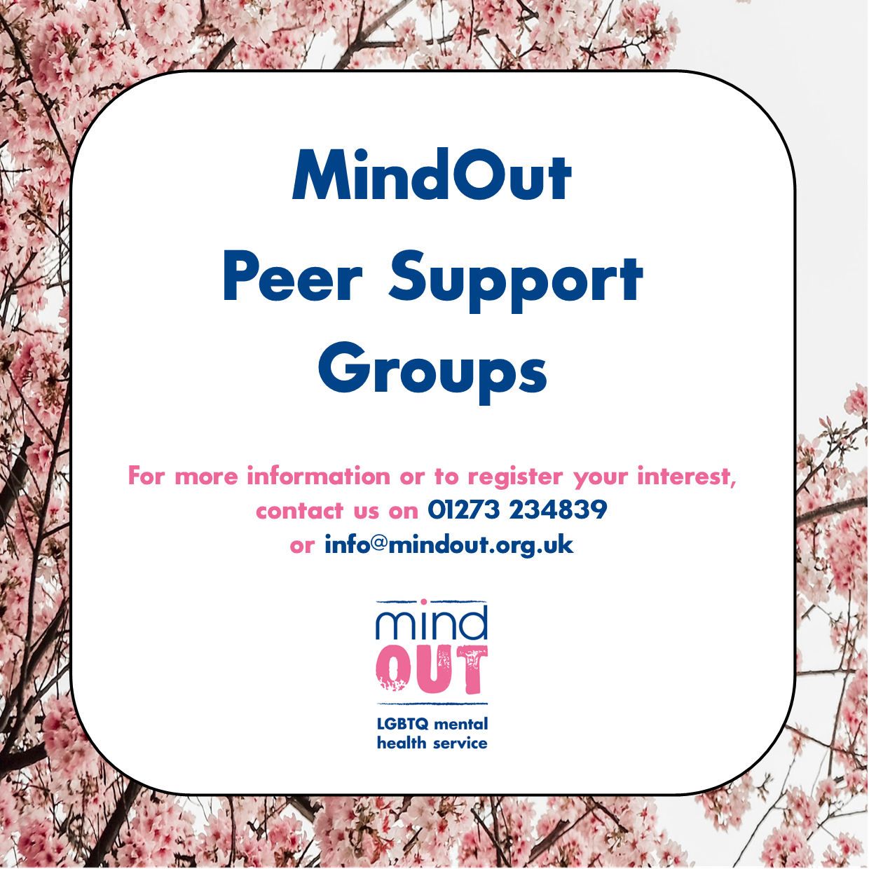 The words 'MindOut Peer Support Groups' in blue, contact details below, and the MindOut logo below that, in pink and blue. The image has a cherry blossom border.