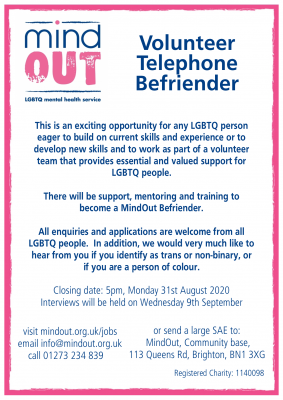 Image has a pink border, and features the MindOut logo. It gives details of the volunteer vacancy, and includes details of the post. There is a paragraph of text in the centre describing what kind of experience and qualities are required for the post. Bottom of the image includes the MindOut website and charity number.