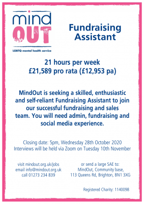 Image has a pink border, and features the MindOut logo. It gives details of the job vacancy, and includes details of the post including hours and salary. There is a paragraph of text in the centre describing what kind of experience and qualities are required for the post. Bottom of the image includes the MindOut website and charity number.