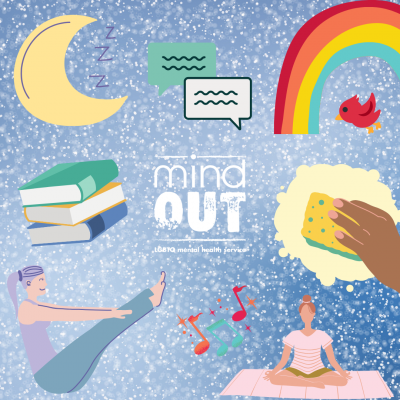 blue background with white speckles like snow, and graphics of a people doing yoga, a pile of books, a crescent moon, two speech bubbles, a rainbow, a hand cleaning, some musical notes, surrounding a white version of the mindout logo
