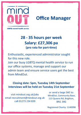 Image has a pink border, and features the MindOut logo. It gives details of the job vacancy, and includes details of the post including hours and salary. There is a paragraph of text in the centre describing what kind of experience and qualities are required for the post. Bottom of the image includes the MindOut website and charity number