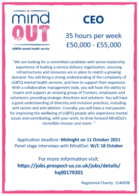 Image has a pink border, and features the MindOut logo. It gives details of the job vacancy, and includes details of the post including hours and salary. There is a paragraph of text in the centre describing what kind of experience and qualities are required for the post, followed by the closing date. Bottom of the image includes the recruiters website and MindOut's charity number.