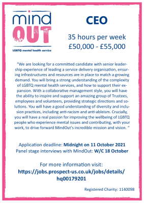 has a pink border, and features the MindOut logo. It gives details of the job vacancy, and includes details of the post including hours and salary. There is a paragraph of text in the centre describing what kind of experience and qualities are required for the post. Bottom of the image includes the MindOut website and charity number