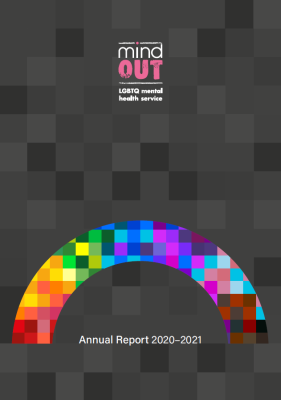 pixelated rainbow design, on a pixelated black and dark grey background. The MindOut logo is at the top, in the centre of the cover, and below the rainbow it says "Annual Report 2020-21