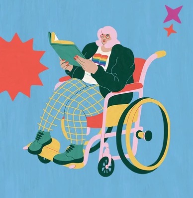 White appearing wheelchair user who is reading a book