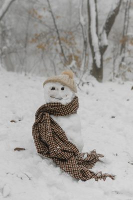 Snowman wearing a long scarf and hat
