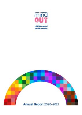 a brightly coloured pride rainbow underneath the MindOut logo