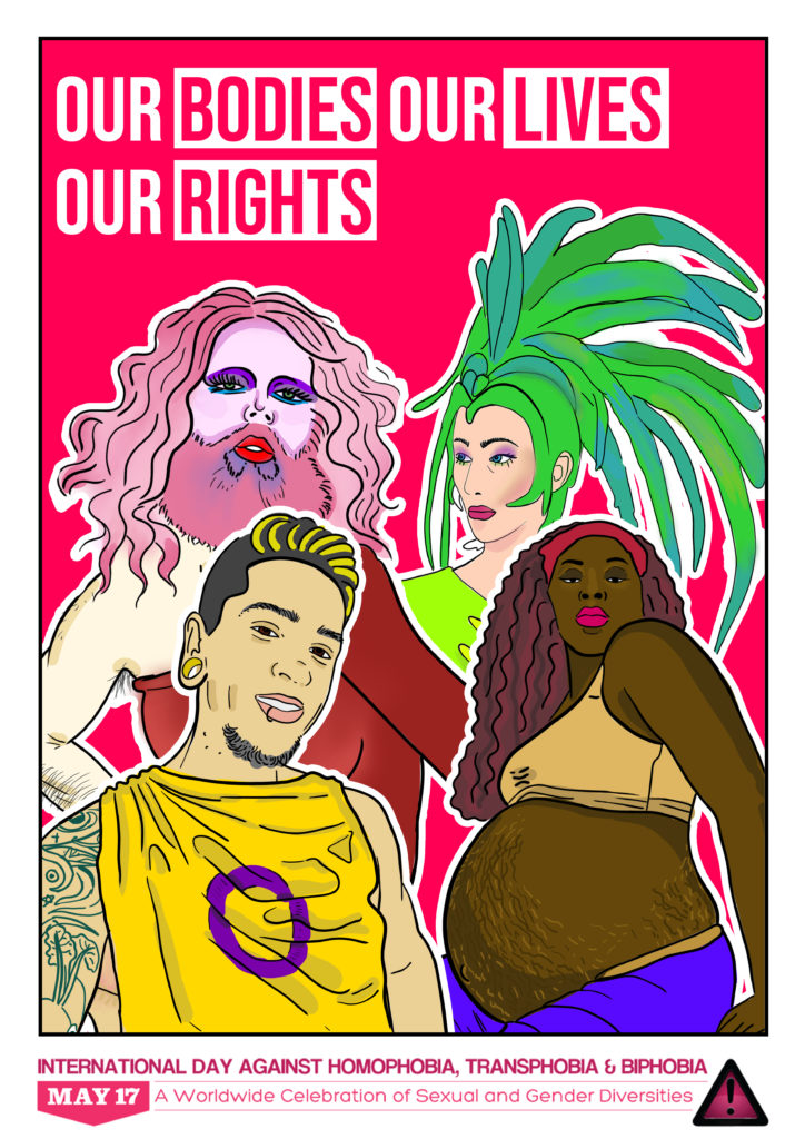 Group of LGBTQI people with a pink background, on of the person's is wearing the intersex pride flag top. The text at the top of the image reads 'Our bodies, Our lives, Our rights'.