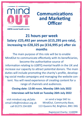 Image has a pink border, and features the MindOut logo. It gives details of the job vacancy, and includes details of the post including hours and salary. There is a paragraph of text in the centre describing what kind of experience and qualities are required for the post. Bottom of the image includes the MindOut website and charity number.