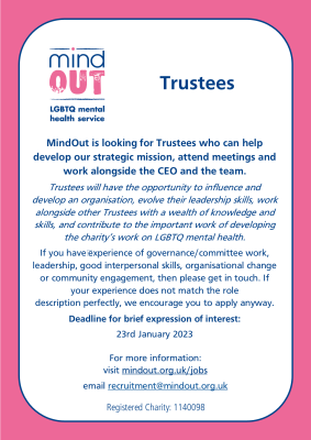 Image has a pink border, and features the MindOut logo. In blue writing it shows information about the role. At the bottom of the image is written a MindOut website page, email address, and charity number. All featured text is also posted below the image.