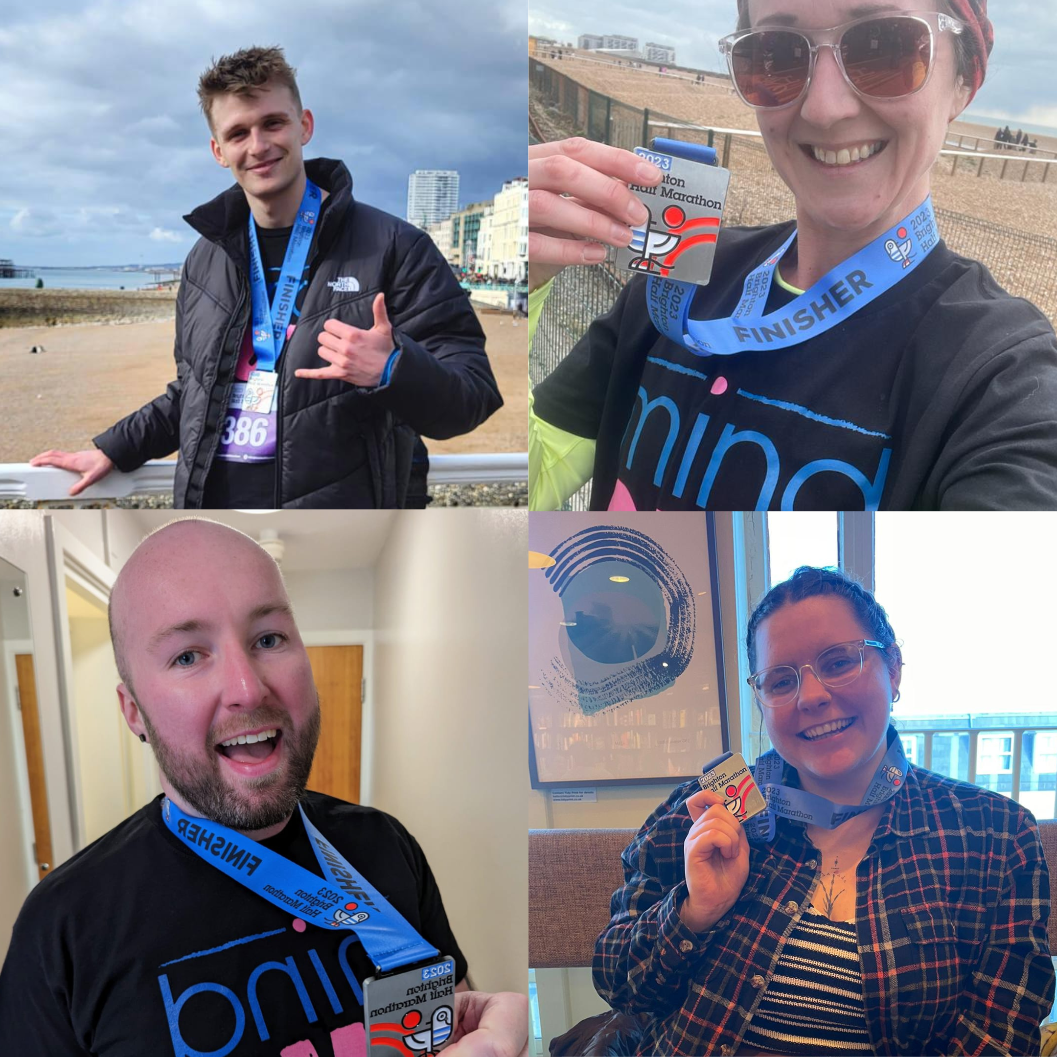 A collage of four of our Brighton Half Marathon runners smiling with their medals