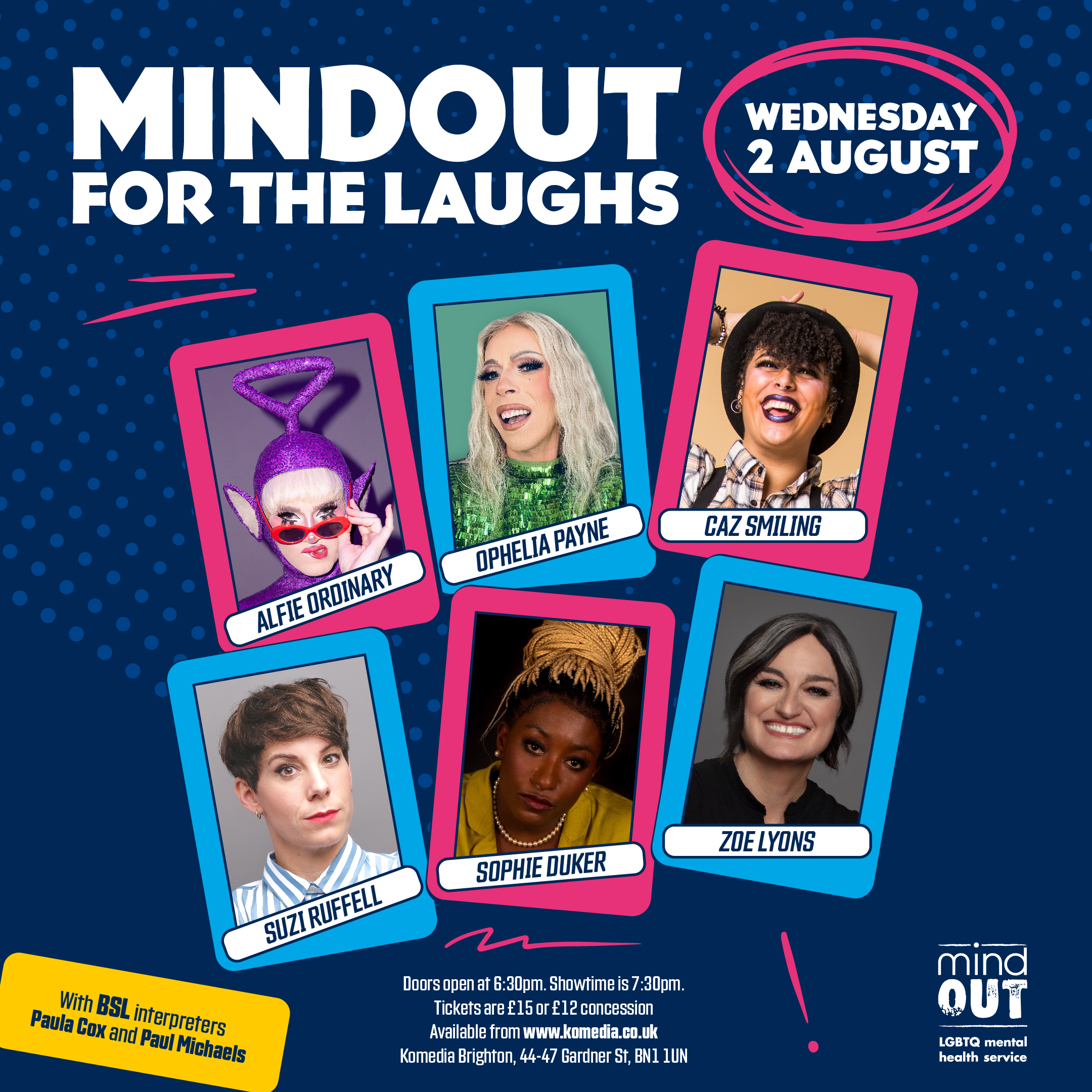 MO4Ls poster with purple background. The poster has four cards picturing Alife Ordinary, Ophelia Payne, Caz Smiling, Suzi Ruffell, and Zoe Lyons.