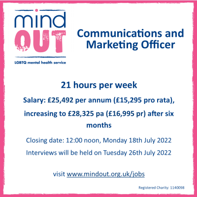 Image has a pink border, and features the MindOut logo. In blue writing it shows the job role, and includes details of the post including hours and salary, closing date and date for interviews. Bottom of the image includes the MindOut website and charity number.