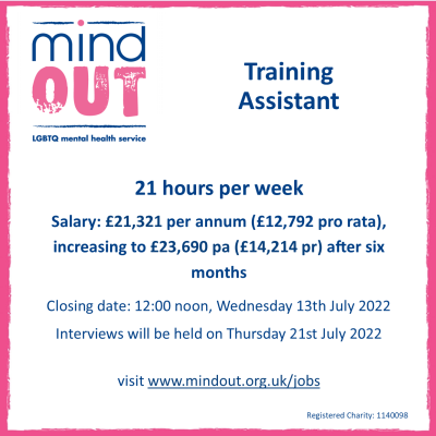 Image has a pink border, and features the MindOut logo. In blue writing it shows the job role, and includes details of the post including hours and salary, closing date and date for interviews. Bottom of the image includes the MindOut website and charity number.