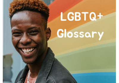 QTIPOC appearing person smiling into the camera, standing in front of painted wall of the pride colours, white coloured text next to their head reads 'LGBTQ+ glossary'