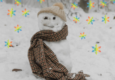 Snowman wearing a long scarf and hat. Rainbow snow flakes are falling on the snowman