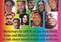 Mindout BAME wellbeing poster, a rainbow background with faces of BAME people and text about the workshops