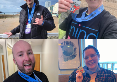 A collage of four of our Brighton Half Marathon runners smiling with their medals