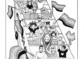 illustration of MindOut bus full of a diverse group of people waving flags. illustration is monochrome. designed by Queen Josephine