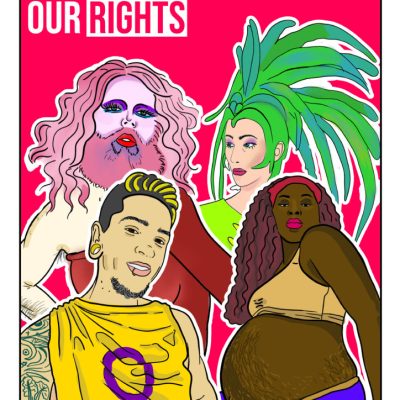 Group of LGBTQI people with a pink background, on of the person's is wearing the intersex pride flag top. The text at the top of the image reads 'Our bodies, Our lives, Our rights'.