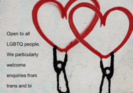 lgbtq relationship counselling flyer - features two stick figures holding onto one red love heart each. the hearts are overlapping and the stick figures are facing away from each other.
