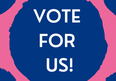 vote for us! in white letters on a blue background with a pink border