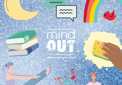 blue background with white speckles like snow, and graphics of a people doing yoga, a pile of books, a crescent moon, two speech bubbles, a rainbow, a hand cleaning, some musical notes, surrounding a white version of the mindout logo