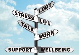 a black and white signpost with signs for lgbt, work, wellbeing, stress and support